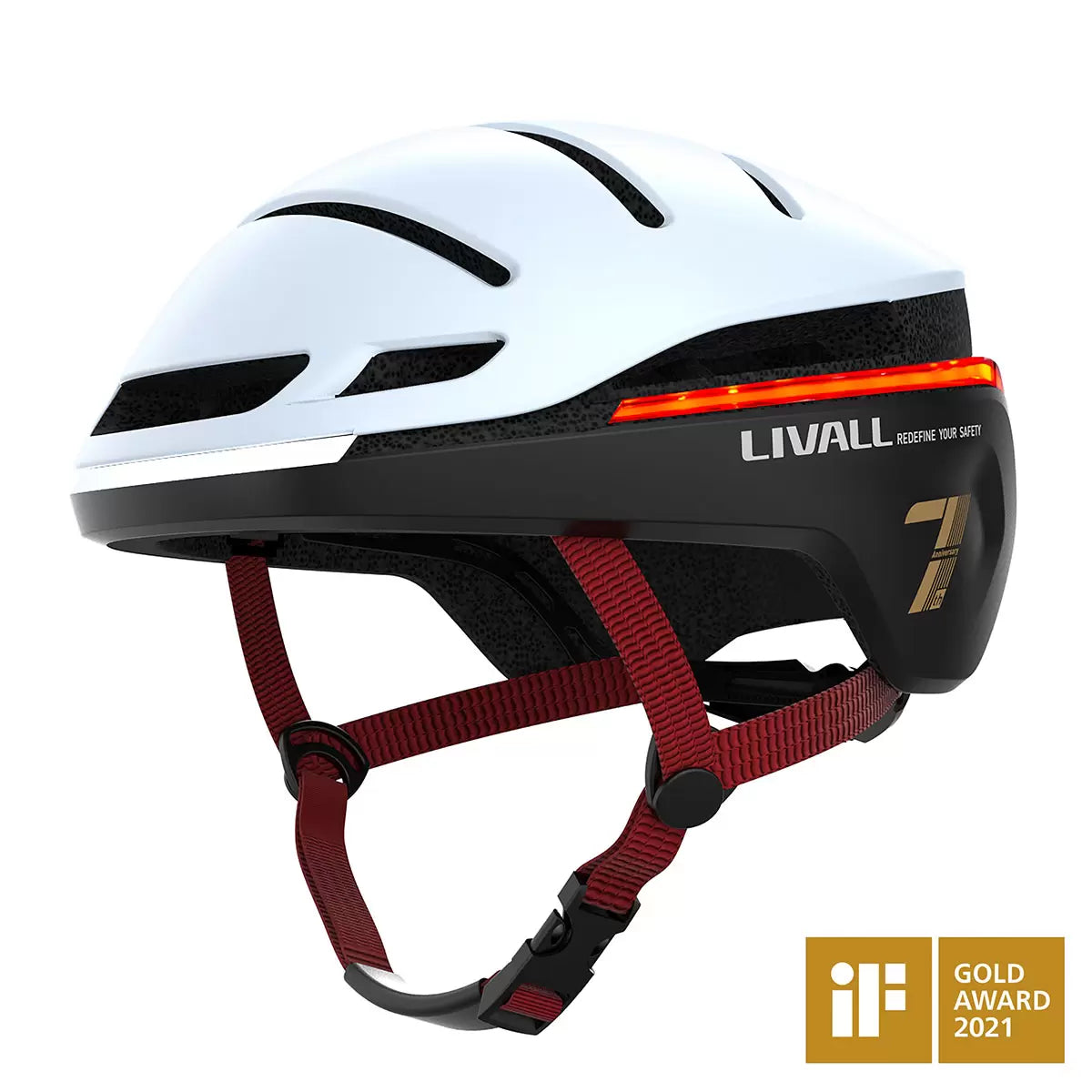 A side-angle profile shot of the Livall EVO21 smart bike helmet in black, showcasing the integrated LED rear lighting panel and aerodynamic ventilation vents.