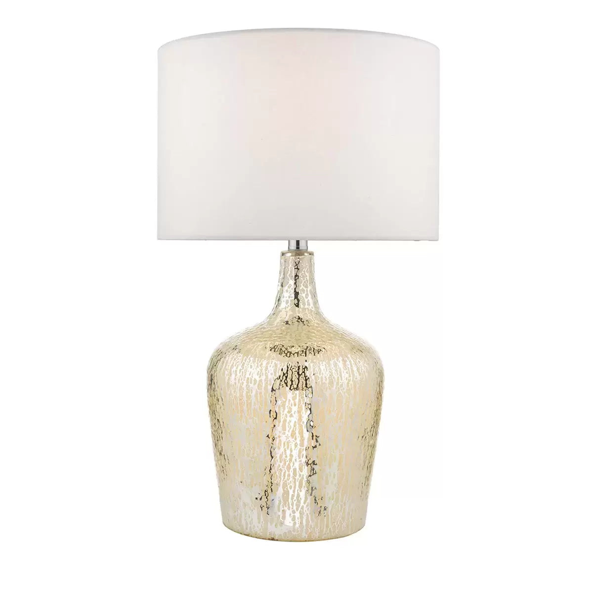 Lolek Silver Glass Dual Light Table Lamp modern reflective bedside and living room lightiA Lolek silver glass table lamp with a glowing, textured mercury finish base and an ivory faux silk drum shade illuminating a cozy bedside table environment.ng lamp