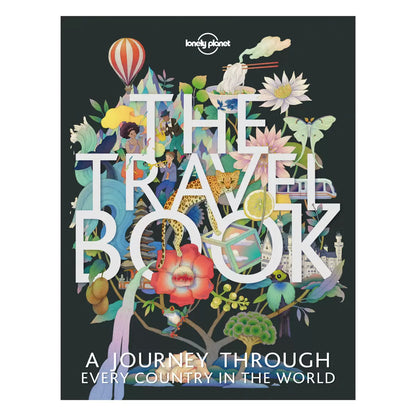 Premium hardback cover of The Travel Book by Lonely Planet laying open on a dark wood table, showcasing vibrant colorful photography of world landscapes and people.