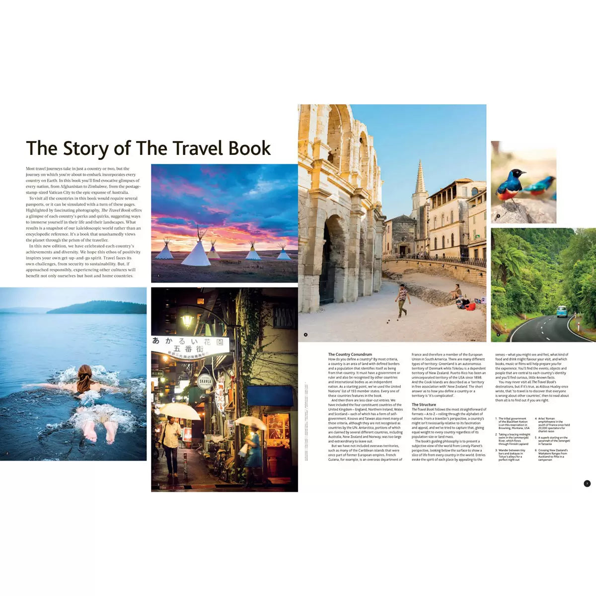 Premium hardback cover of The Travel Book by Lonely Planet laying open on a dark wood table, showcasing vibrant colorful photography of world landscapes and people.