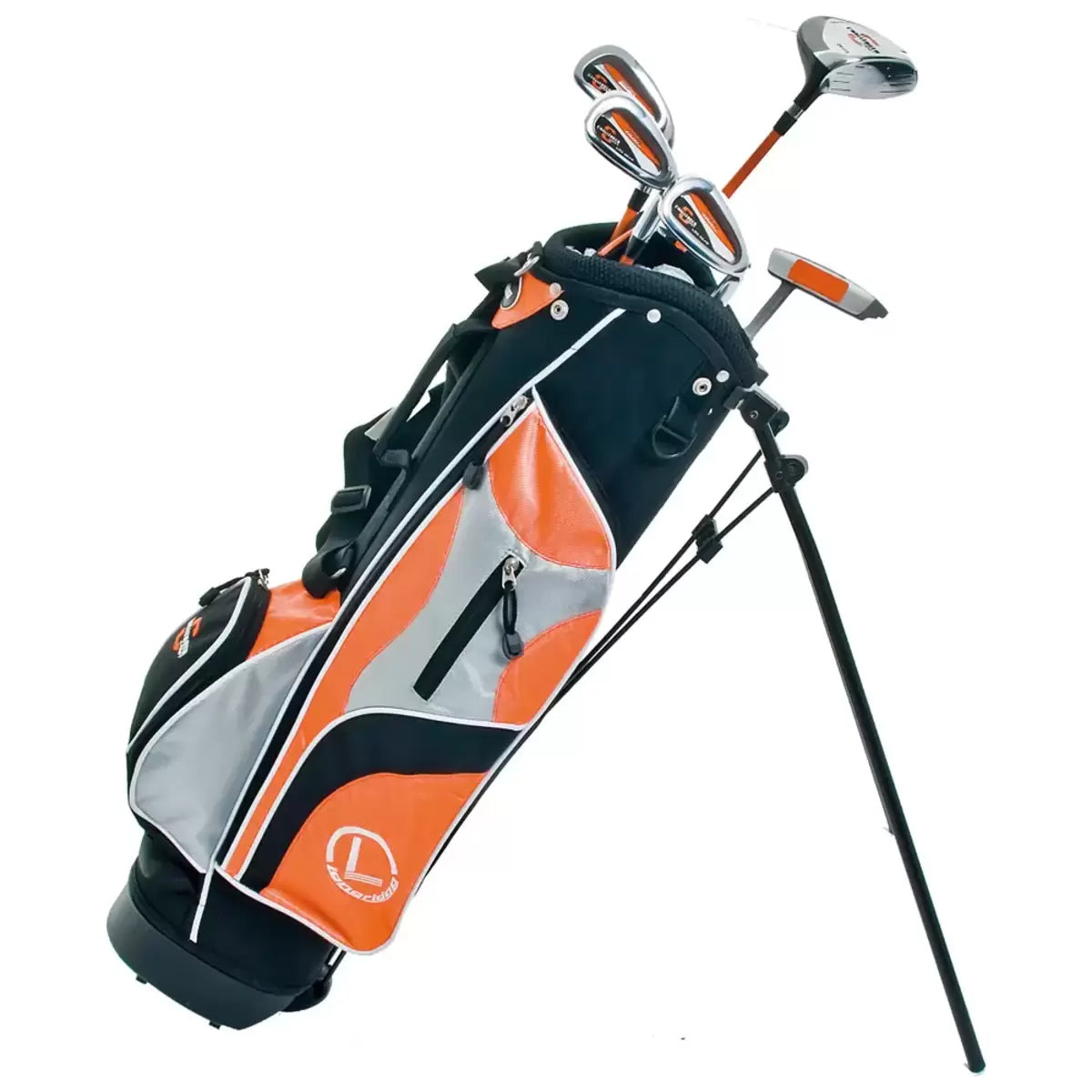 A complete orange and black junior golf club set including a driver, irons, and putter arranged inside a lightweight stand bag with dual padded straps