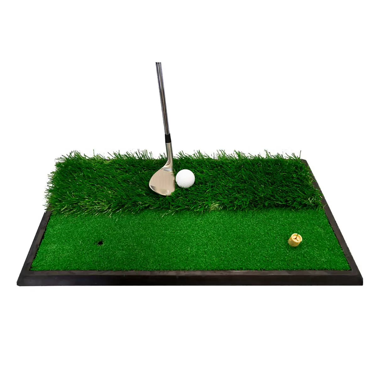 Top-angle studio shot of the green Longridge Dual Golf Practice Mat with a black rubber base, showing the split short fairway turf and long synthetic rough grass next to an upright black rubber tee on a clean white background.