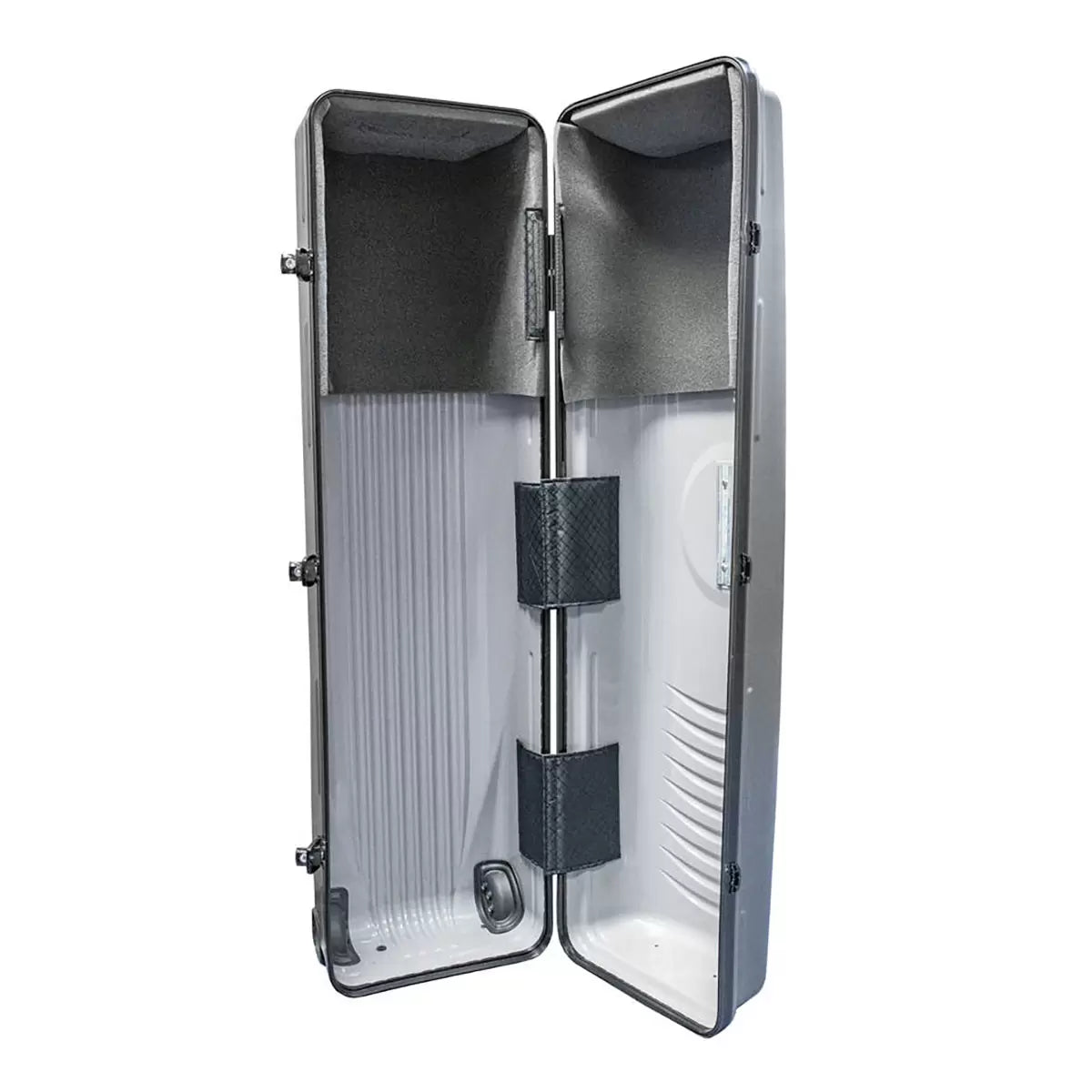 Side angle view of the black Longridge Hard Case Golf Travel Cover standing upright on a smooth terminal floor, showing the rigid ABS plastic shell, integrated roller wheels, and top retractable handle.