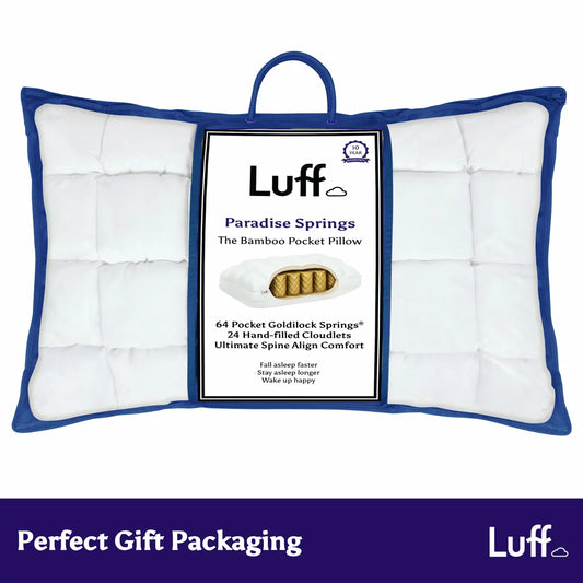 Luff Luxury Bamboo Paradise Springs Pillow featuring a smooth white Nanoweave cover showing subtle woven texture on a modern bed setup.