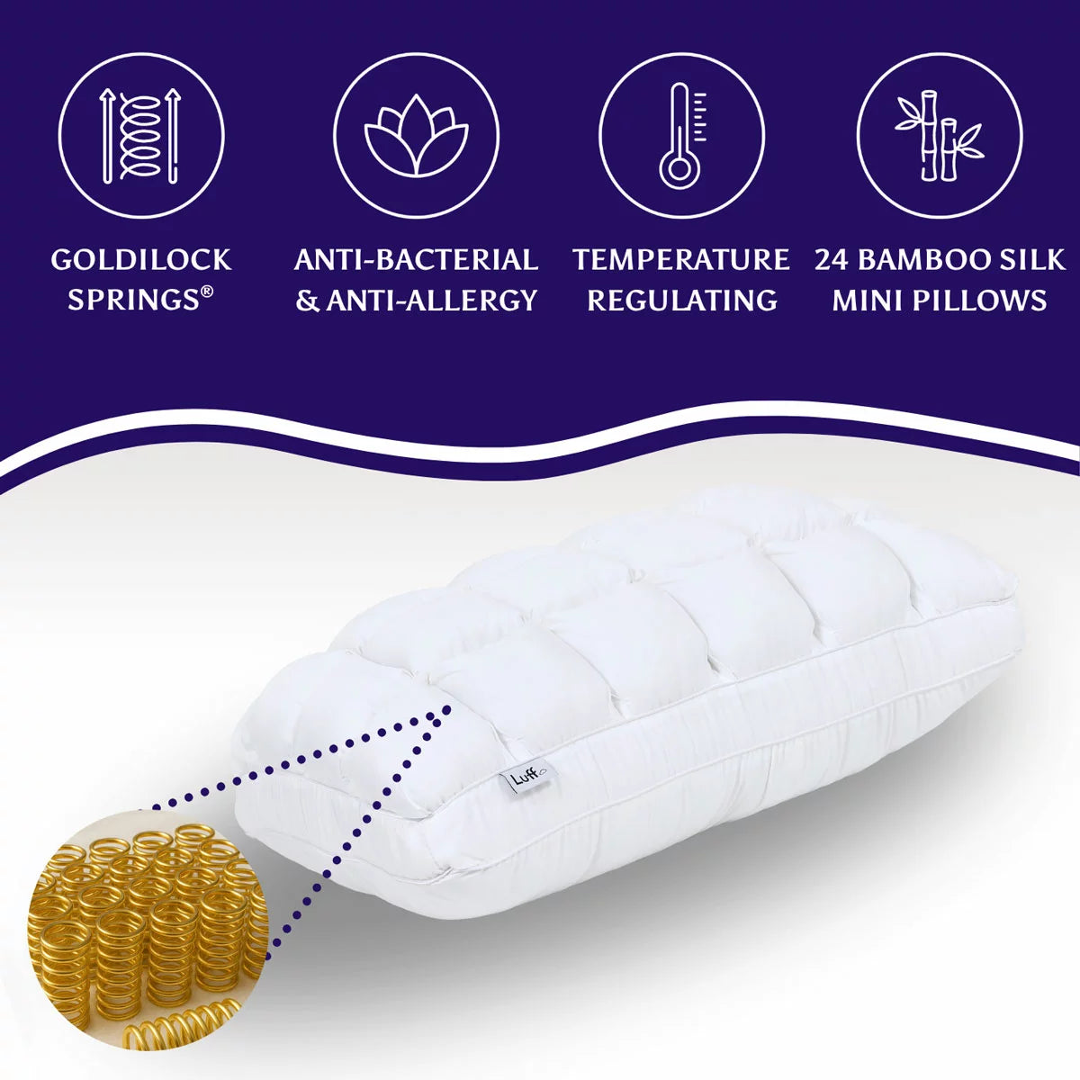 Luff Luxury Bamboo Paradise Springs Pillow featuring a smooth white Nanoweave cover showing subtle woven texture on a modern bed setup.