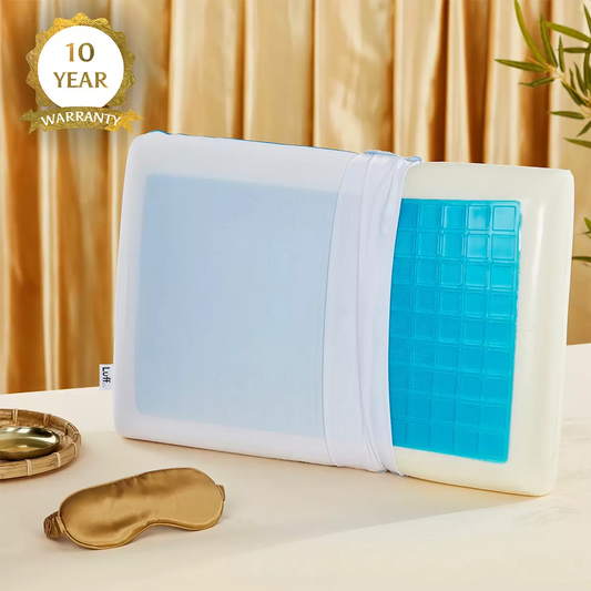 Luff Mayfair Cooling Gel Memory Foam Pillow showing the textured white bamboo cover peeled back to reveal the blue cooling gel pad layer on a modern mattress setup.