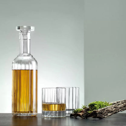 Luigi Bormioli Bach 5-piece whisky set featuring crystal decanter and matching whisky tumblers for elegant home bar serving