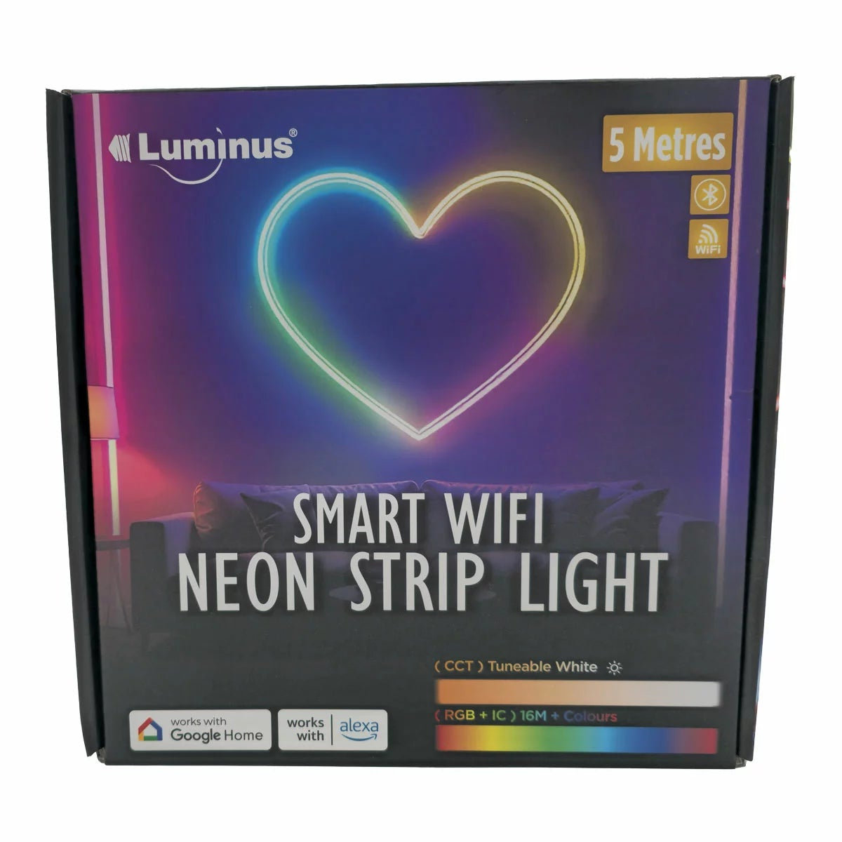 Flexible 5 meter Luminus Smart Wi-Fi Neon Strip Light mounted on a dark bedroom wall displaying colorful segmented RGBIC lighting effects.