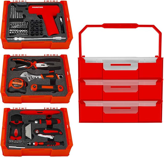 Front view of the black MANUFORE 81-piece household tool set organized inside its open 3-layer carry case alongside the 3.7V cordless screwdriver and driver bits on a wooden workbench.