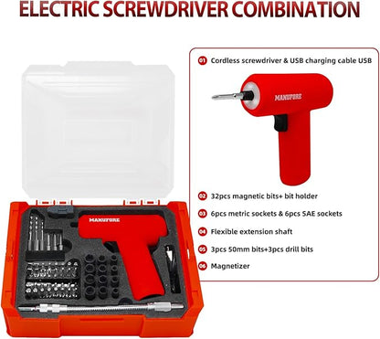 Front view of the black MANUFORE 81-piece household tool set organized inside its open 3-layer carry case alongside the 3.7V cordless screwdriver and driver bits on a wooden workbench.