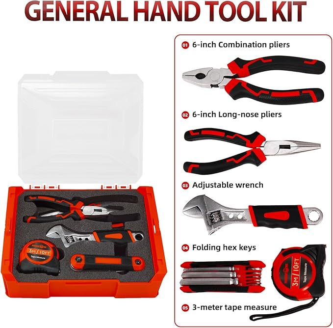 Front view of the black MANUFORE 81-piece household tool set organized inside its open 3-layer carry case alongside the 3.7V cordless screwdriver and driver bits on a wooden workbench.