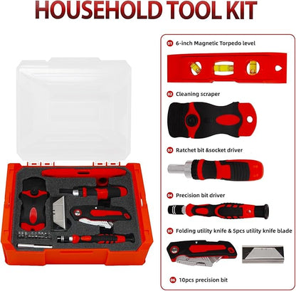 Front view of the black MANUFORE 81-piece household tool set organized inside its open 3-layer carry case alongside the 3.7V cordless screwdriver and driver bits on a wooden workbench.