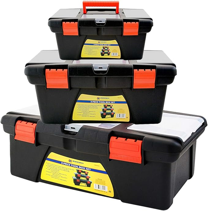 MARKSMAN 3-piece heavy-duty tool box set with removable trays for workshop and garage organization.