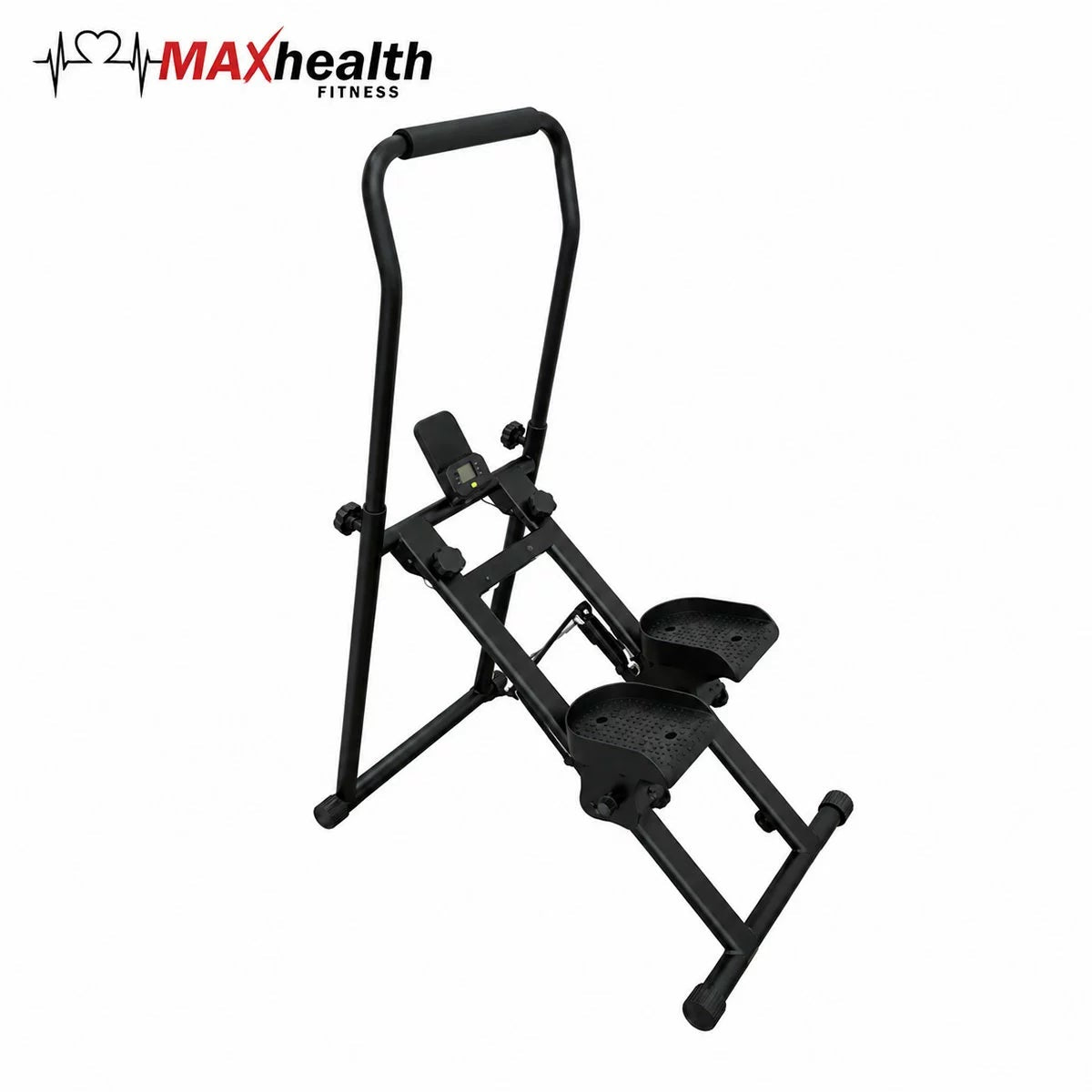 Front angle view of the black MAXhealth Climb Stair Climber with adjustable handles, foot pedals, and digital screen set up in a modern living space.
