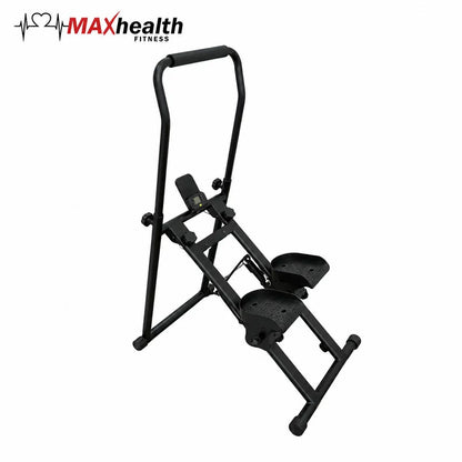 Front angle view of the black MAXhealth Climb Stair Climber with adjustable handles, foot pedals, and digital screen set up in a modern living space.