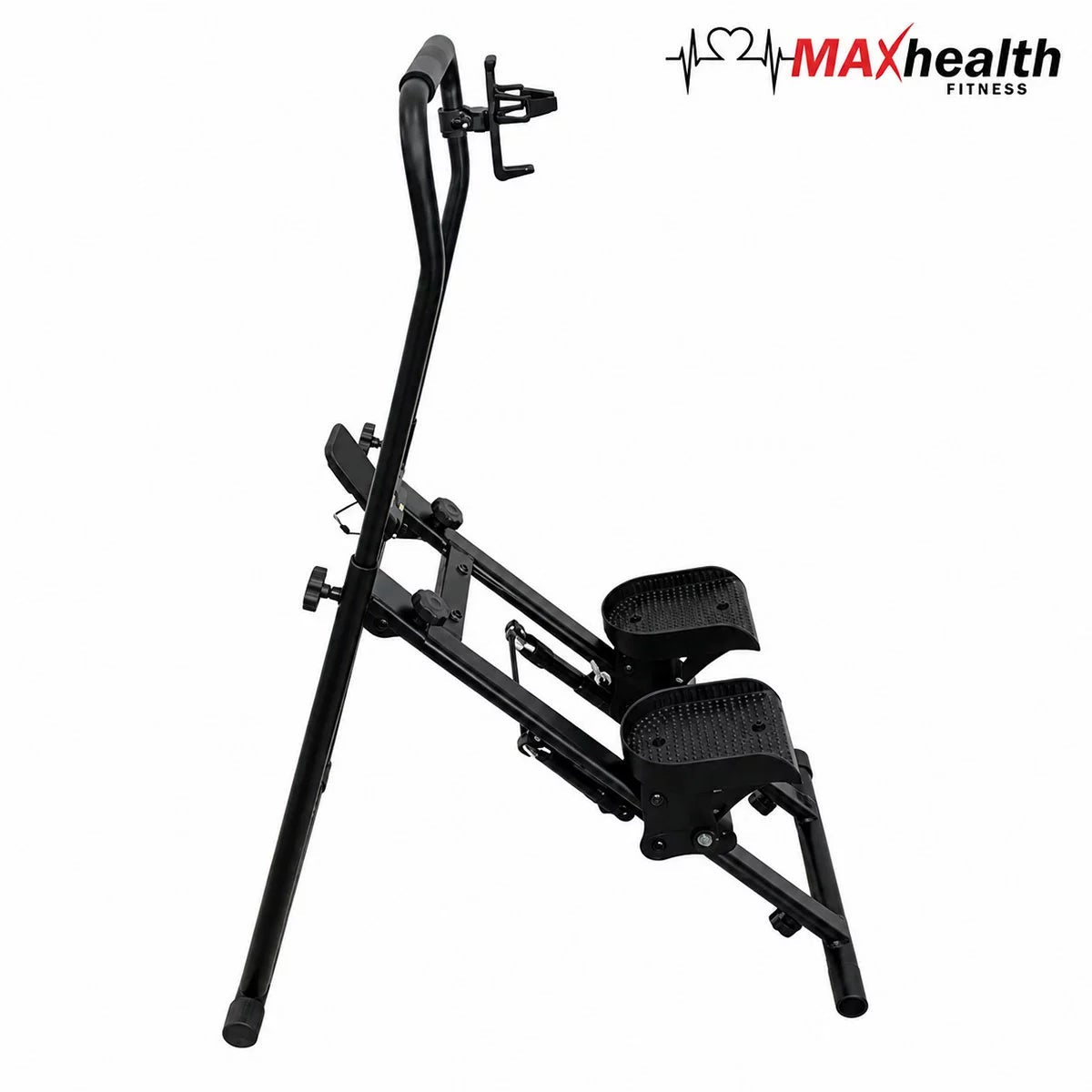 Front angle view of the black MAXhealth Climb Stair Climber with adjustable handles, foot pedals, and digital screen set up in a modern living space.