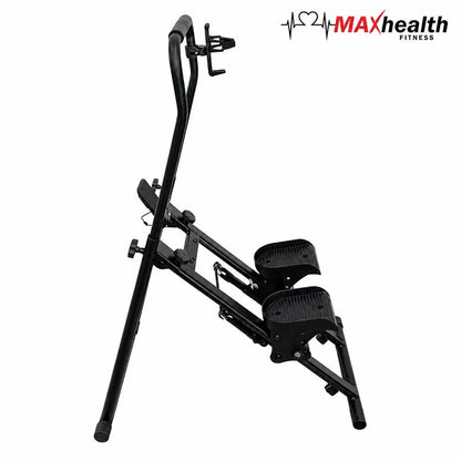 Front angle view of the black MAXhealth Climb Stair Climber with adjustable handles, foot pedals, and digital screen set up in a modern living space.