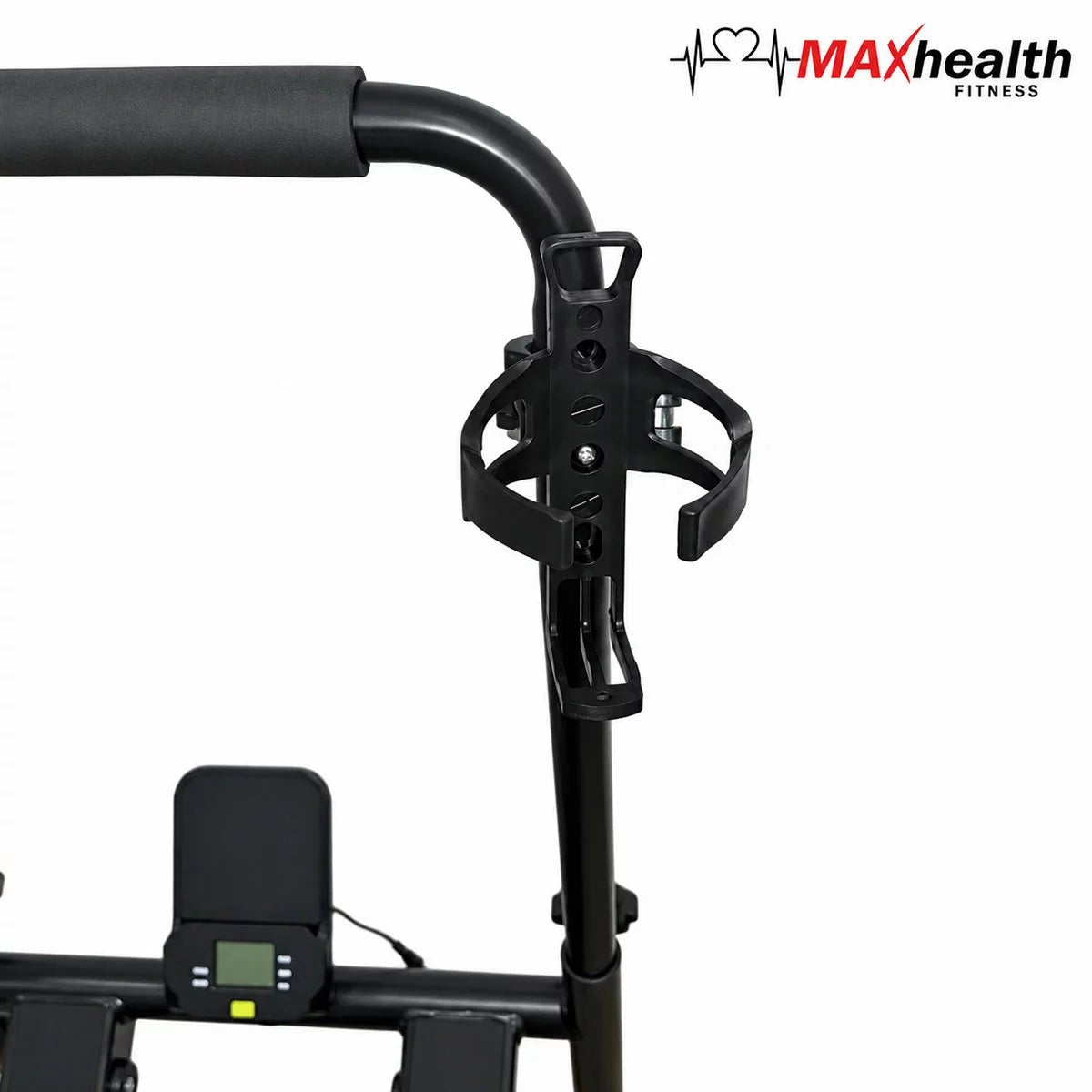 Front angle view of the black MAXhealth Climb Stair Climber with adjustable handles, foot pedals, and digital screen set up in a modern living space.