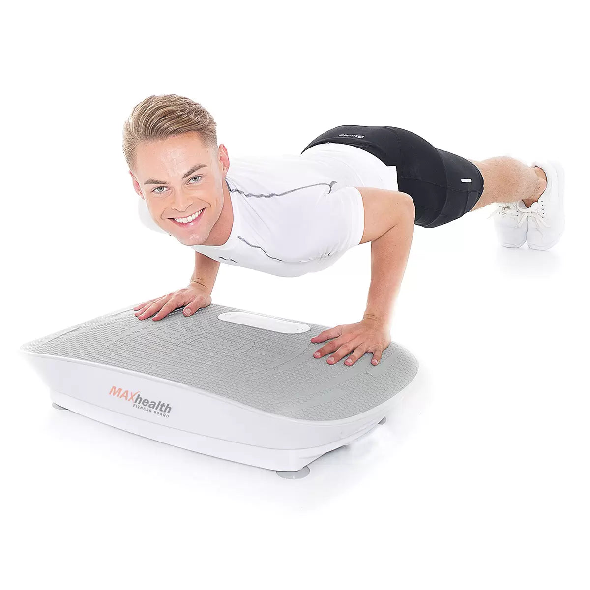 MAXhealth Fitness Board illuminated with blue LED lights showing the digital LCD screen and anti slip mat