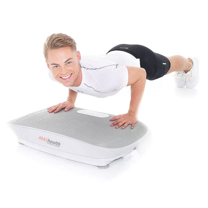MAXhealth Fitness Board illuminated with blue LED lights showing the digital LCD screen and anti slip mat