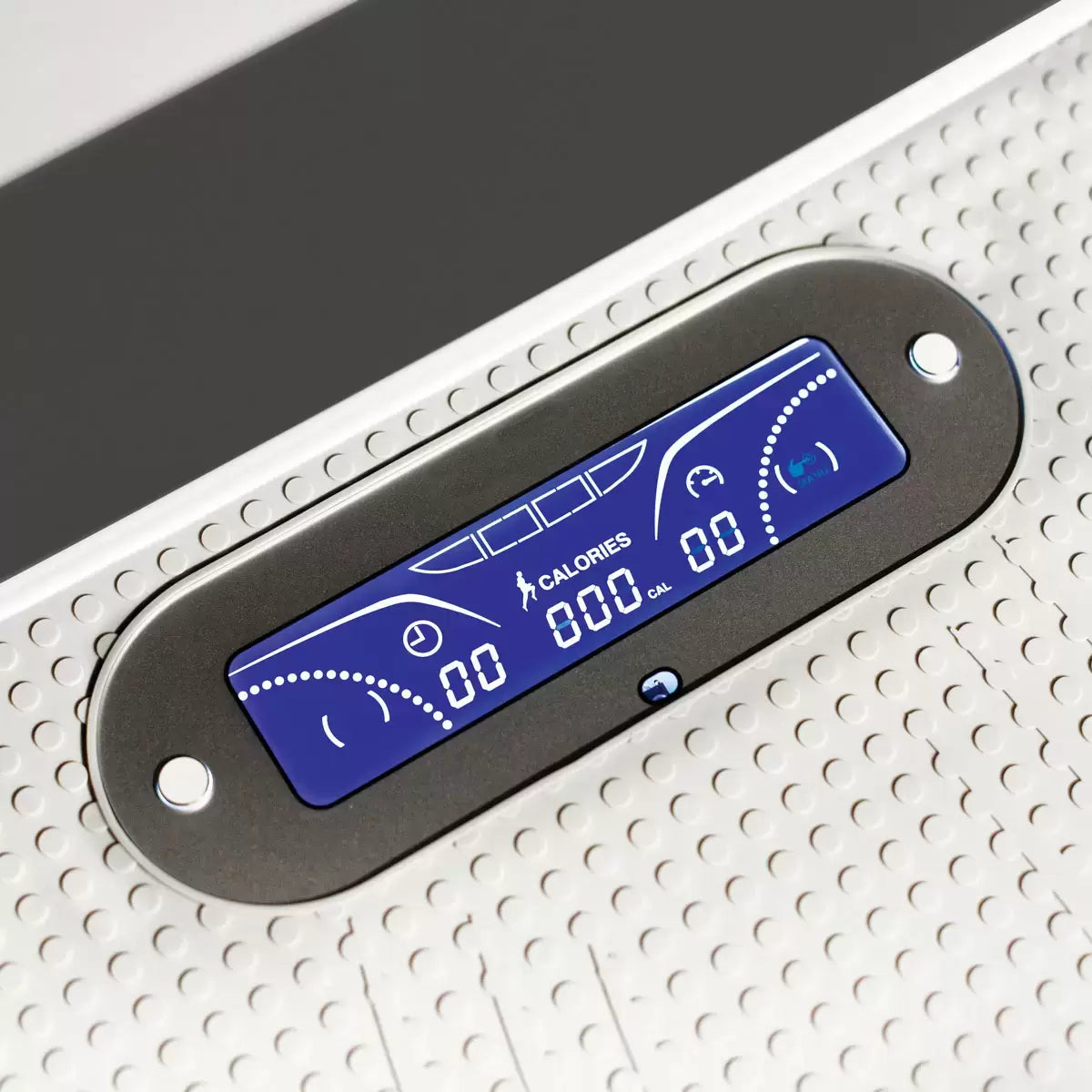 MAXhealth Fitness Board illuminated with blue LED lights showing the digital LCD screen and anti slip mat