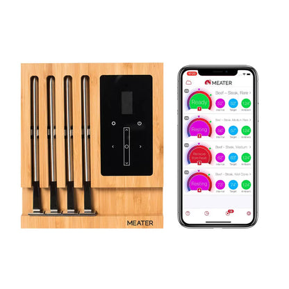 The MEATER Block 4-probe wireless thermometer system in its premium honey-coloured finish.