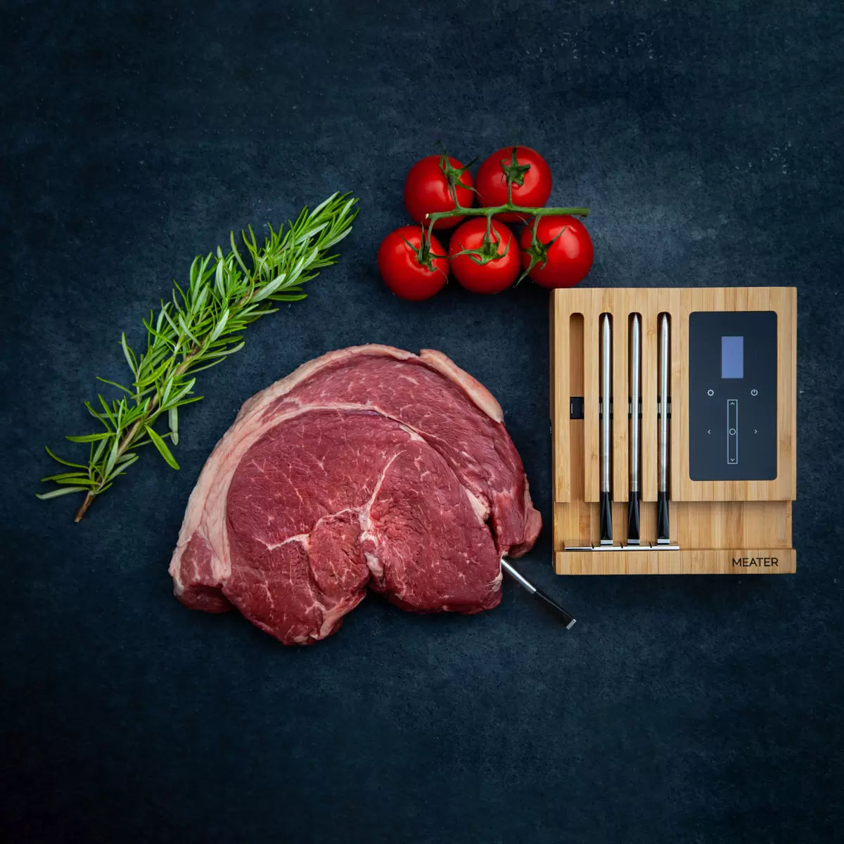 The MEATER Block 4-probe wireless thermometer system in its premium honey-coloured finish.