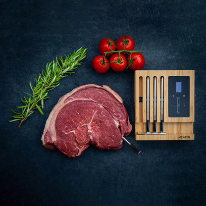 The MEATER Block 4-probe wireless thermometer system in its premium honey-coloured finish.