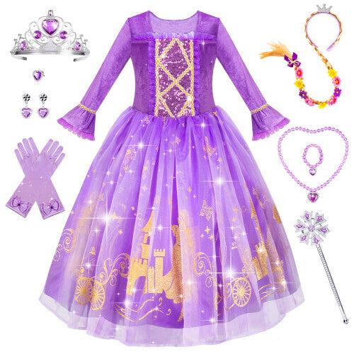 Front view of a young girl wearing a purple MELAND princess costume with gold embroidery, lace sleeves, holding a silver wand and wearing a crown.