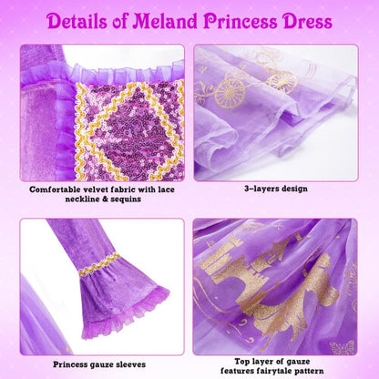 Front view of a young girl wearing a purple MELAND princess costume with gold embroidery, lace sleeves, holding a silver wand and wearing a crown.