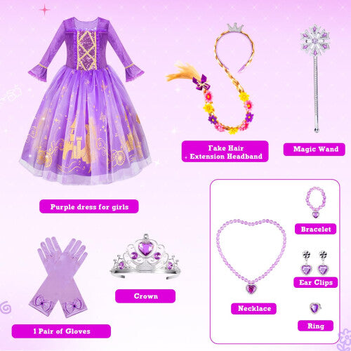 Front view of a young girl wearing a purple MELAND princess costume with gold embroidery, lace sleeves, holding a silver wand and wearing a crown.