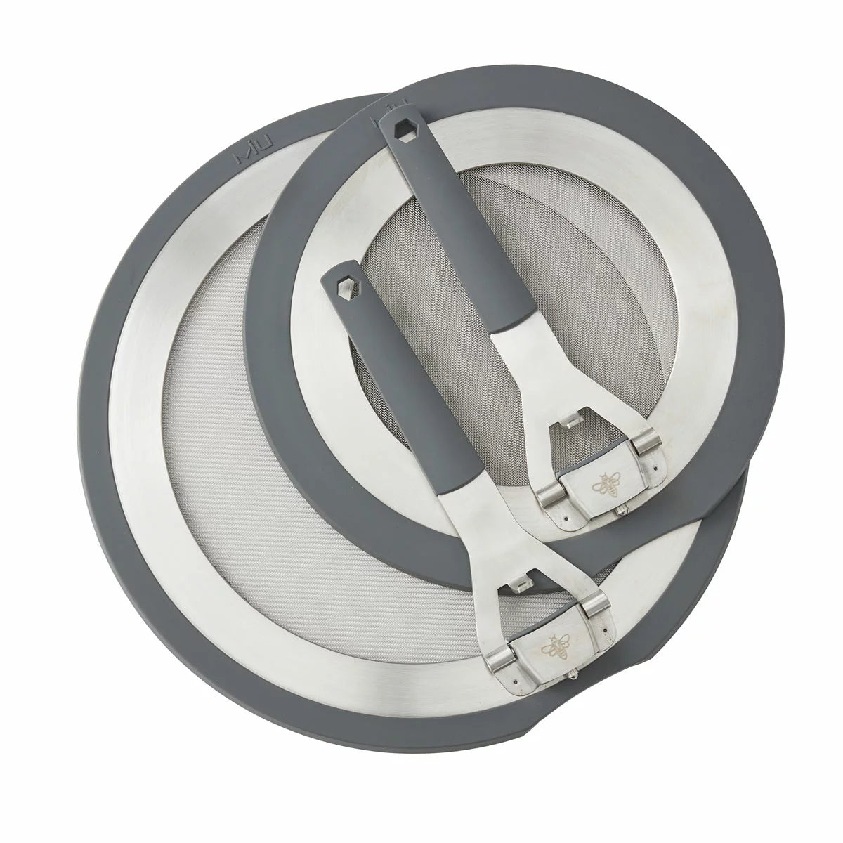 MIU 2-piece stainless steel splatter screen set with foldable silicone handles displayed next to frying pans.