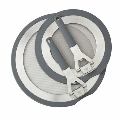 MIU 2-piece stainless steel splatter screen set with foldable silicone handles displayed next to frying pans.