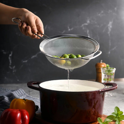 MIU 3-piece stainless steel fine mesh strainer set shown in various sizes on a granite countertop.