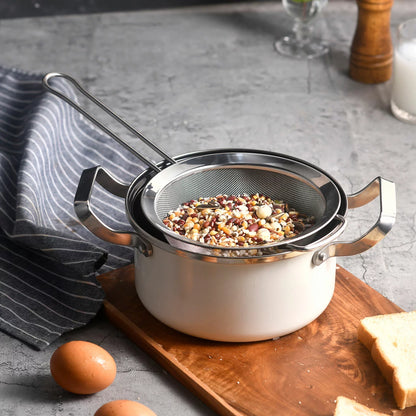 MIU 3-piece stainless steel fine mesh strainer set shown in various sizes on a granite countertop.