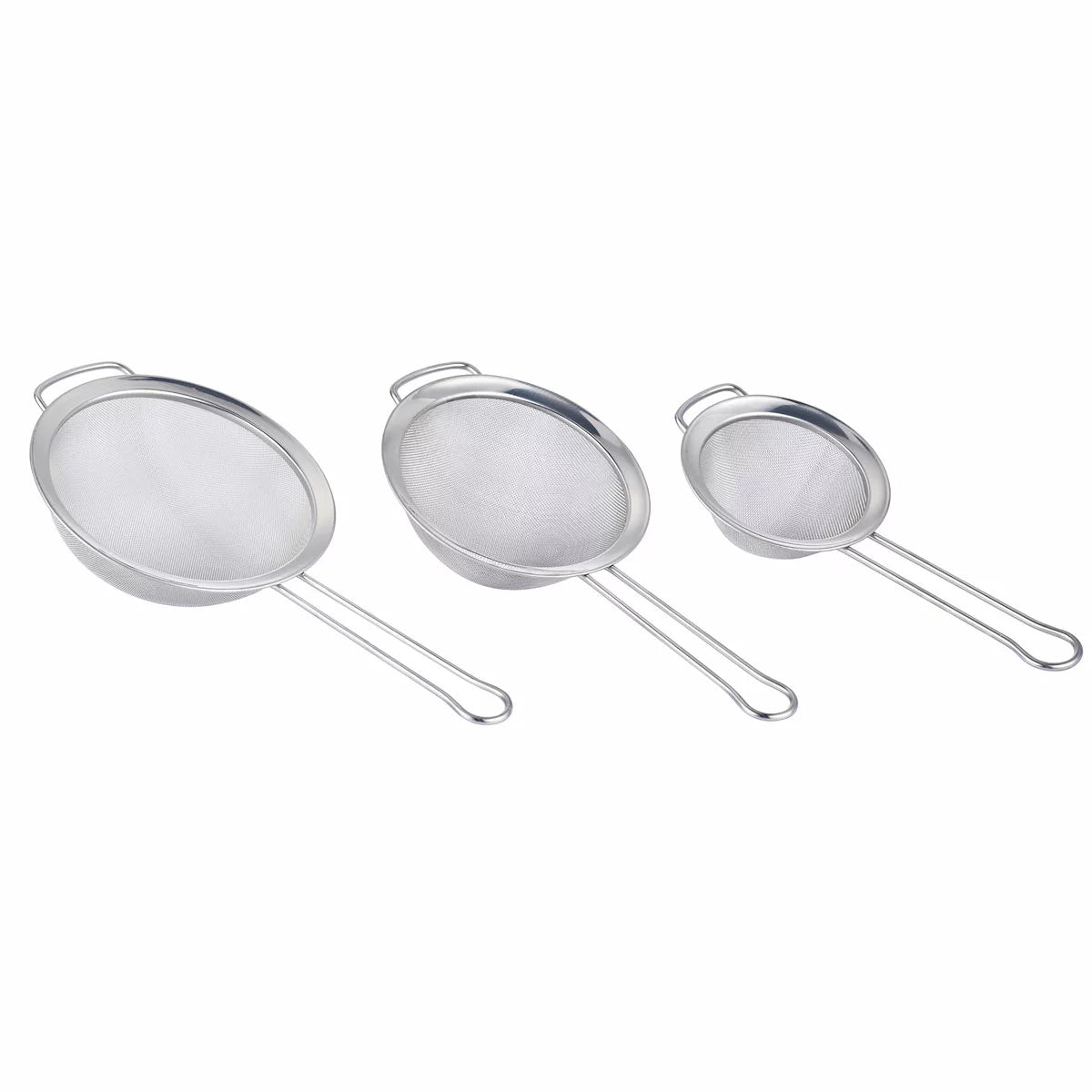 MIU 3-piece stainless steel fine mesh strainer set shown in various sizes on a granite countertop.