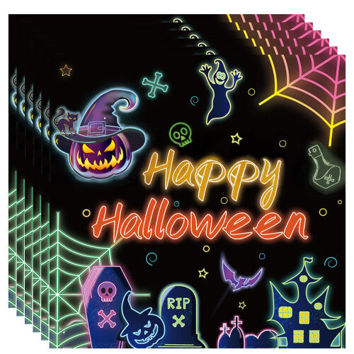 MOMAHUA 20P Halloween neon napkins spread out on a dark wooden party table alongside Halloween snacks.
