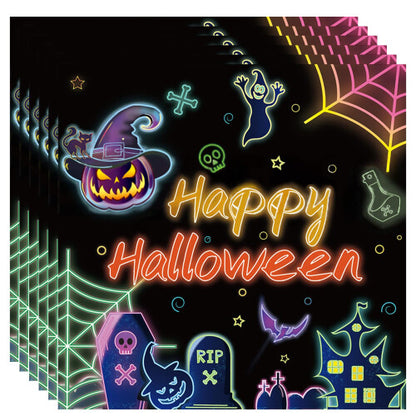 MOMAHUA 20P Halloween neon napkins spread out on a dark wooden party table alongside Halloween snacks.