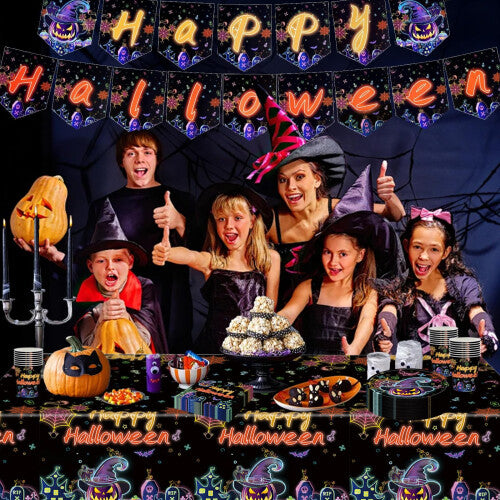 MOMAHUA 20P Halloween neon napkins spread out on a dark wooden party table alongside Halloween snacks.