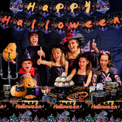 MOMAHUA 20P Halloween neon napkins spread out on a dark wooden party table alongside Halloween snacks.