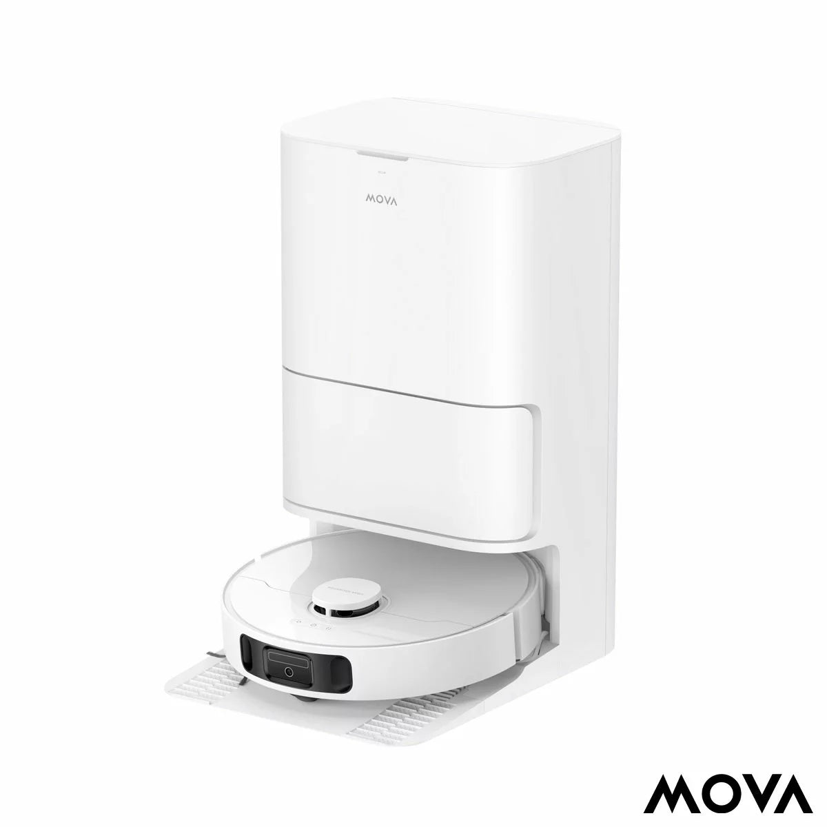 Top-down view of the sleek white MOVA E30 Ultra Robot Vacuum docking into its tall auto-empty cleaning station on light hardwood flooring.