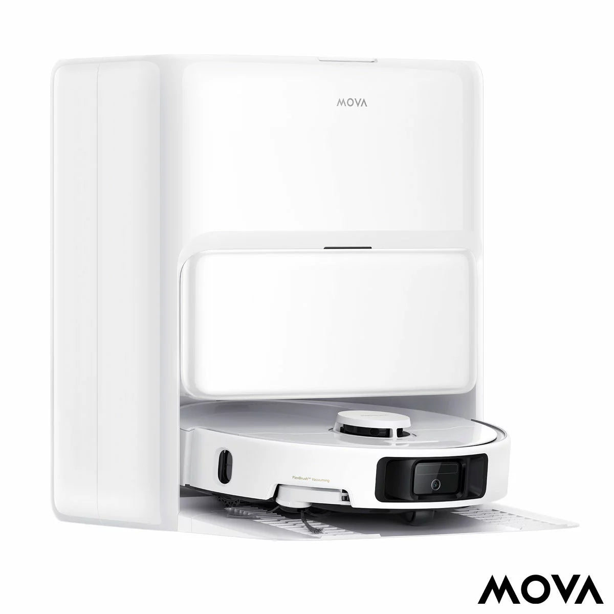 Front top view of the sleek white MOVA P50 Ultra robot vacuum docking into its automated hot-water cleaning base station on light hardwood flooring.