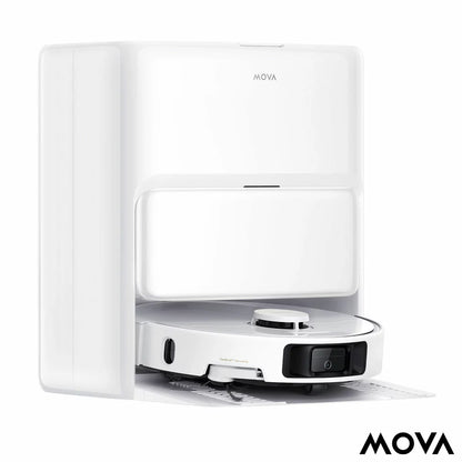 Front top view of the sleek white MOVA P50 Ultra robot vacuum docking into its automated hot-water cleaning base station on light hardwood flooring.