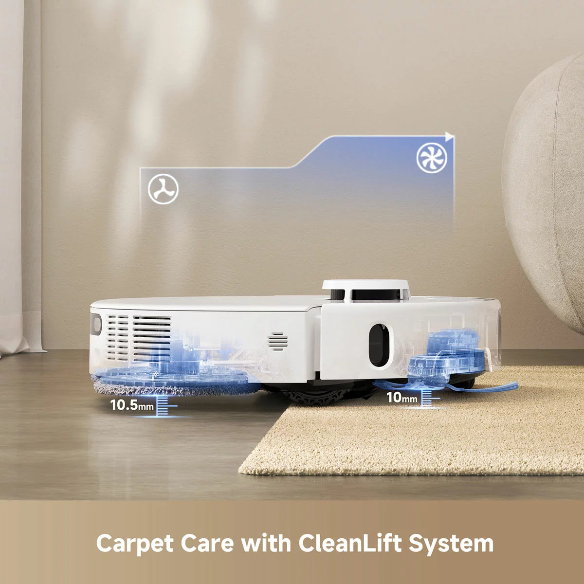 Front top view of the sleek white MOVA P50 Ultra robot vacuum docking into its automated hot-water cleaning base station on light hardwood flooring.