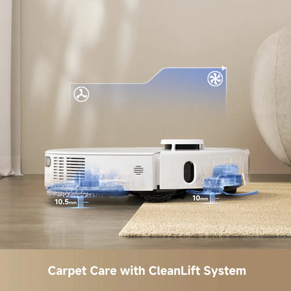 Front top view of the sleek white MOVA P50 Ultra robot vacuum docking into its automated hot-water cleaning base station on light hardwood flooring.