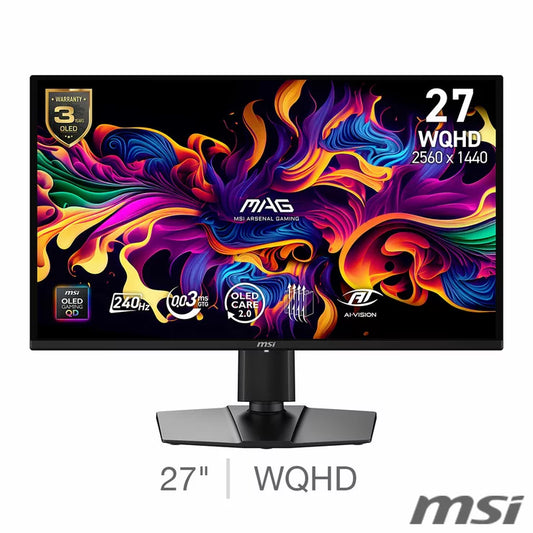 Front view of the 27 inch MSI MAG 274QP QD-OLED gaming monitor displaying vibrant WQHD graphics on an ergonomic desktop setup.