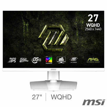 MSI MAG 274QRFW E20 27 inch WQHD Rapid IPS white gaming monitor model 9S6-3CF99T-003 showing its frameless screen, adjustable stand, and premium chassis. - 2