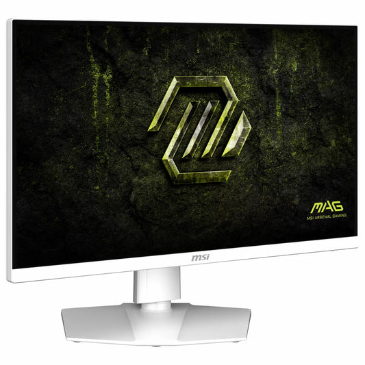 Front view of white MSI MAG 274QRFW E20 27-inch WQHD gaming monitor on an adjustable desktop stand displaying vibrant gameplay visuals.