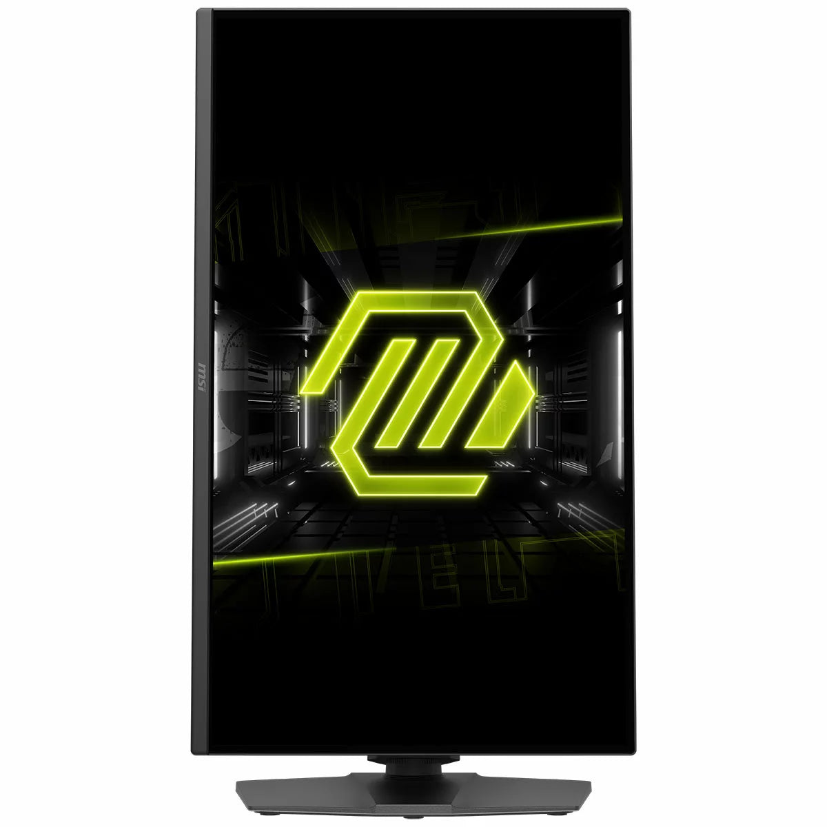 Front three-quarter angle of the black 27-inch MSI MAG 275UPD E14 gaming monitor on an adjustable arm stand, displaying a crisp, colorful competitive shooter battlefield in a clean dark-themed setup.