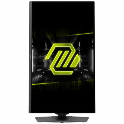 Front three-quarter angle of the black 27-inch MSI MAG 275UPD E14 gaming monitor on an adjustable arm stand, displaying a crisp, colorful competitive shooter battlefield in a clean dark-themed setup.
